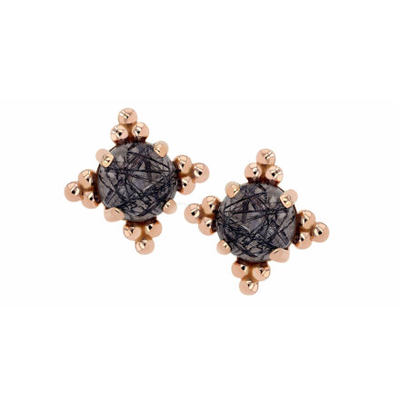 18K Gold Zia with 4mm Black Tourmalinated Quartz with CZ, Pushfit